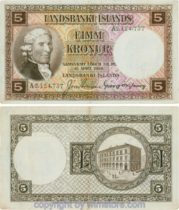 Island, P027b, 5 Kronur L. 15.04.1928, Signatur 3; 3