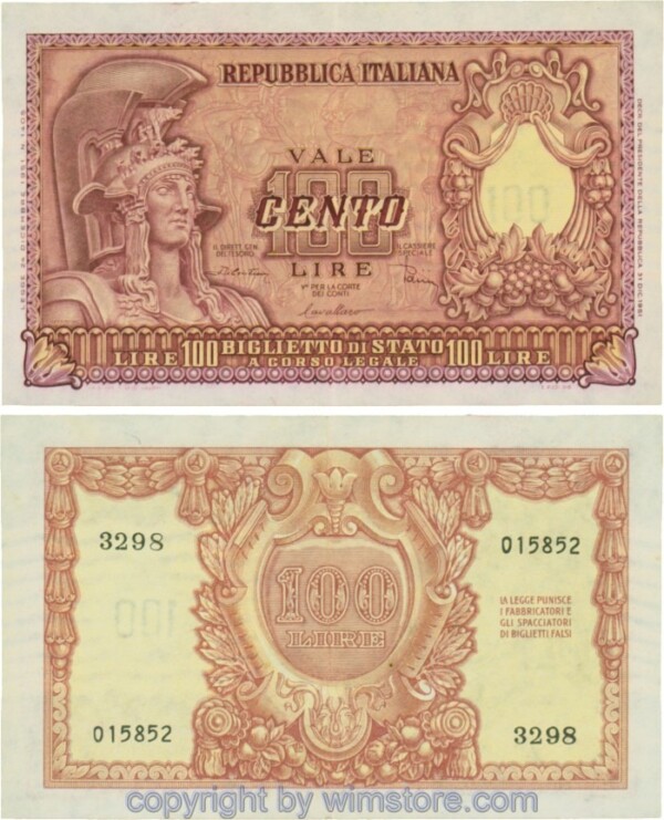 Italien, P092b, 100 Lire, Ministerial Dekret v. 31.12.1951; 3