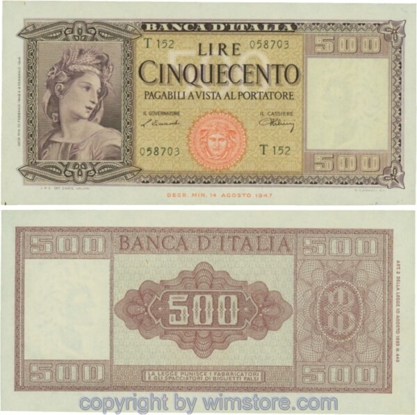 Italien, P080a, 500 Lire, Ministerial Dekret v. 14.8.1947, Serie T; 1-2