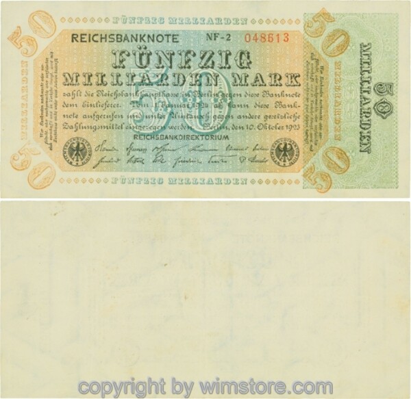 Deutschland, Inflation, R 117b, 50 Milliarden Mark, 10.10.1923, Firmenzeichen NF, Bogenzeichen 02!!, Wasserzeichen Hackensterne, KN 3,55/12,6 mm; 4