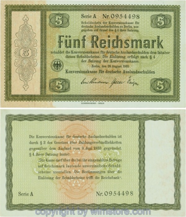 Wert und Steuergutscheine, R 700a, 5 Reichsmark, 28.08.1933, Serie A; 2