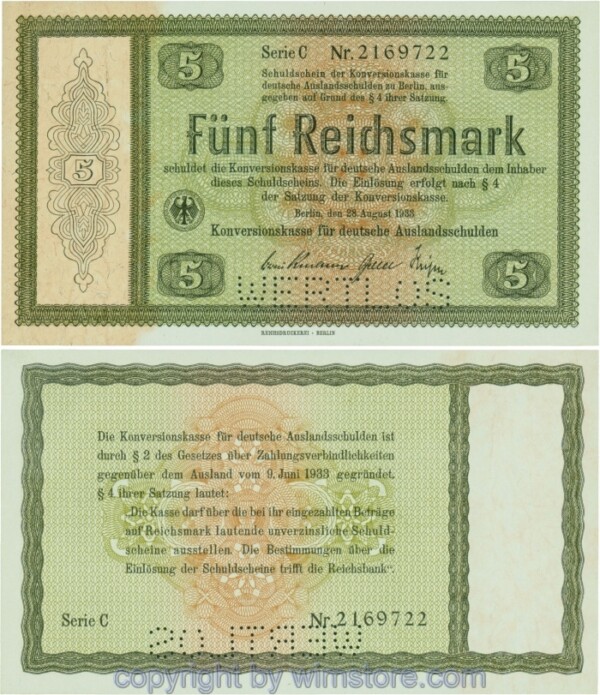 Wert und Steuergutscheine, R 700E2, 5 Reichsmark, 28.08.1933, Serie C, Perforation WERTLOS; 2