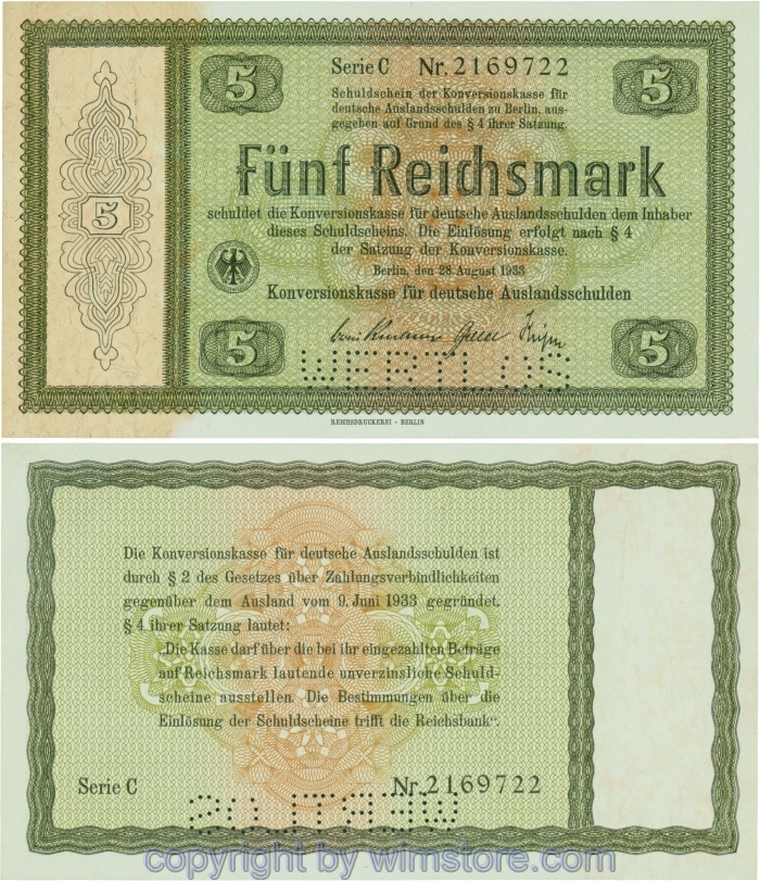 Wert und Steuergutscheine, R 700E2, 5 Reichsmark, 28.08.1933, Serie C, Perforation WERTLOS; 2