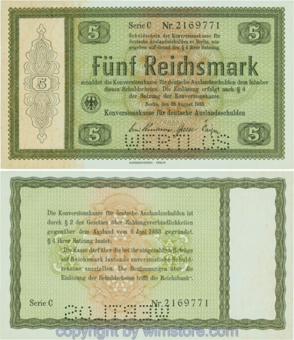 Wert und Steuergutscheine, R 700E2, 5 Reichsmark, 28.08.1933, Serie C, Perforation WERTLOS; 2