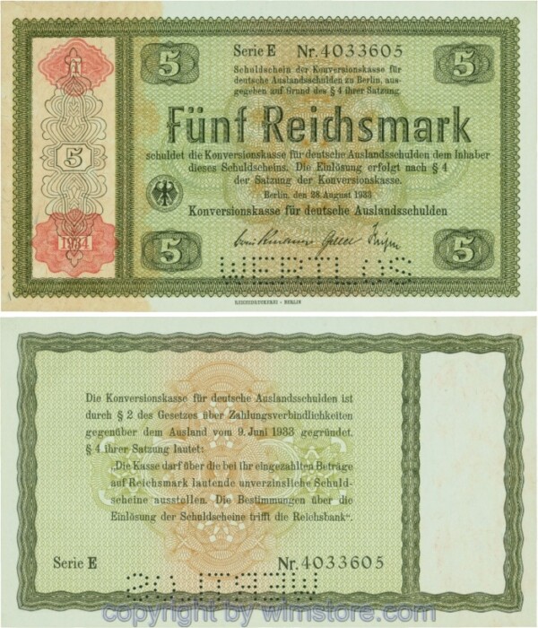 Wert und Steuergutscheine, R 708E2, 5 Reichsmark, 28.08.1933/34, Serie E, Perforation WERTLOS; 2