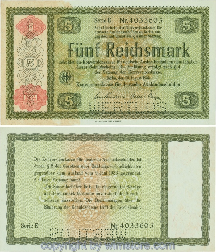 Wert und Steuergutscheine, R 708E2, 5 Reichsmark, 28.08.1933/34, Serie E, Perforation WERTLOS; 2