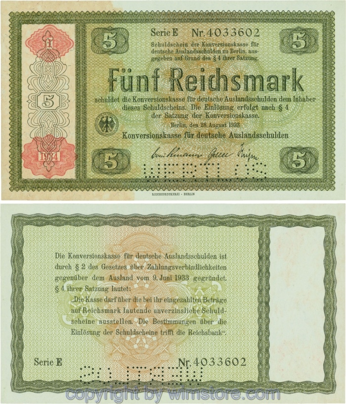 Wert und Steuergutscheine, R 708E2, 5 Reichsmark, 28.08.1933/34, Serie E, Perforation WERTLOS; 2