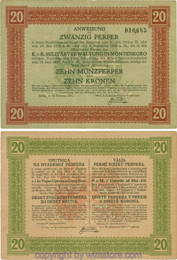 Montenegro K&K, Militärverwaltung, PM152, Anweisung 20 Perper 20.11.1917; 3