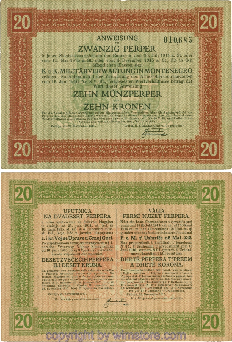 Montenegro K&K, Militärverwaltung, PM152, Anweisung 20 Perper 20.11.1917; 3