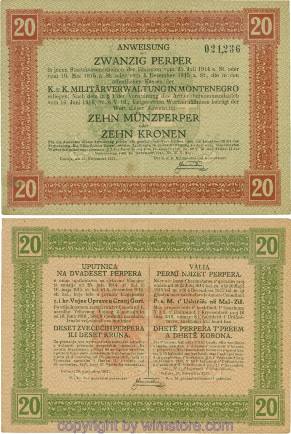 Montenegro K&K, Militärverwaltung, PM152, Anweisung 20 Perper 20.11.1917; 3