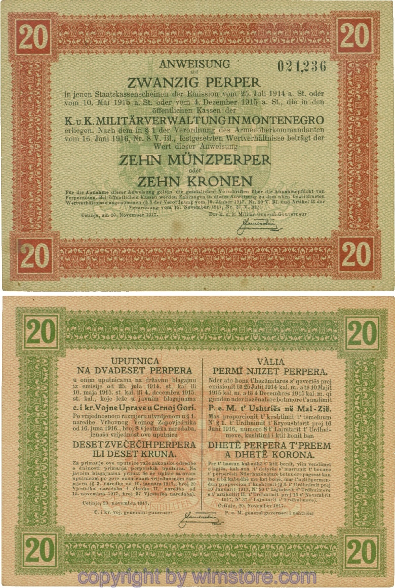 Montenegro K&K, Militärverwaltung, PM152, Anweisung 20 Perper 20.11.1917; 3