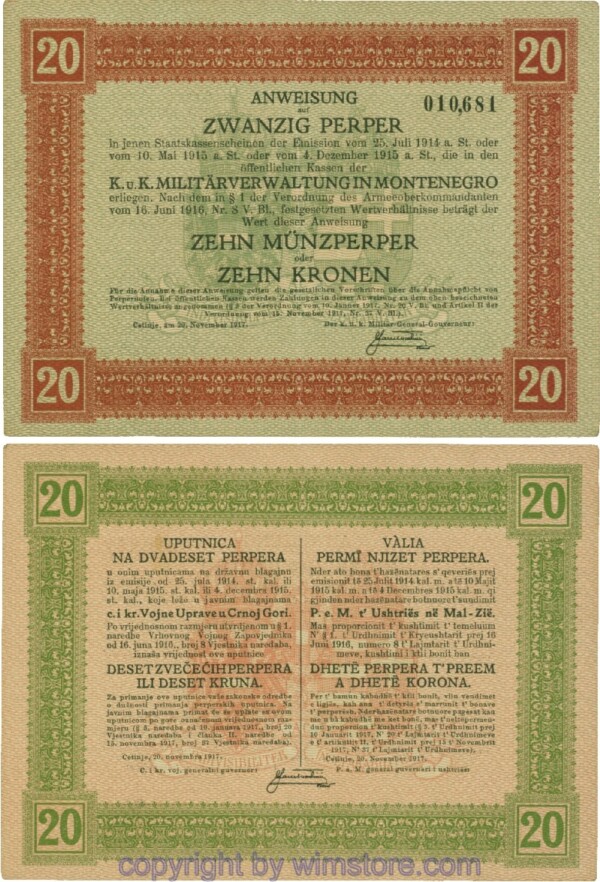 Montenegro K&K, Militärverwaltung, PM152, Anweisung 20 Perper 20.11.1917; 3