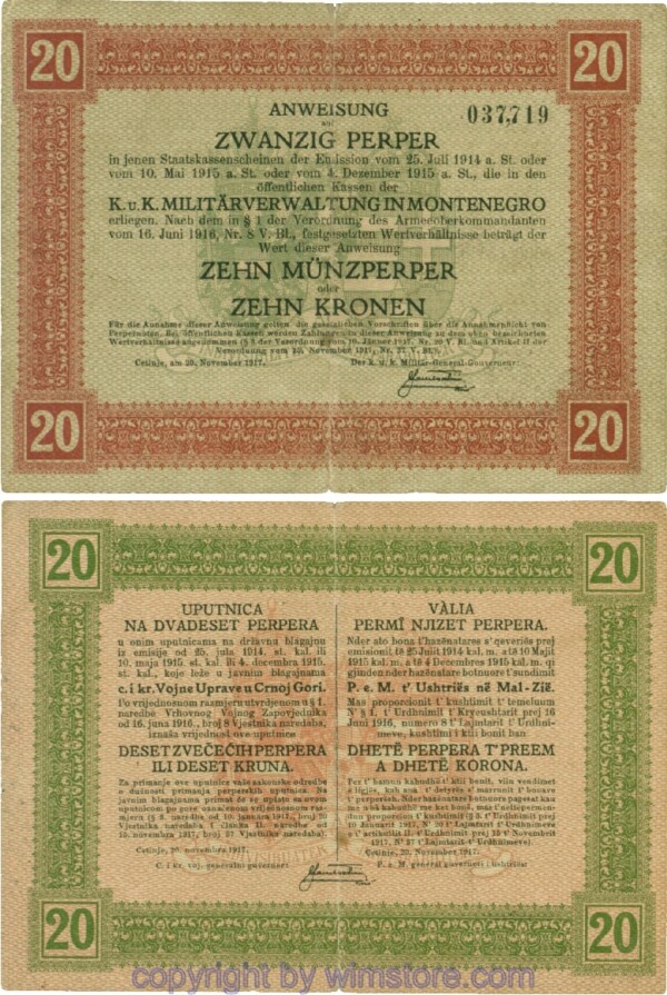 Montenegro K&K, Militärverwaltung, PM152, Anweisung 20 Perper 20.11.1917; 3