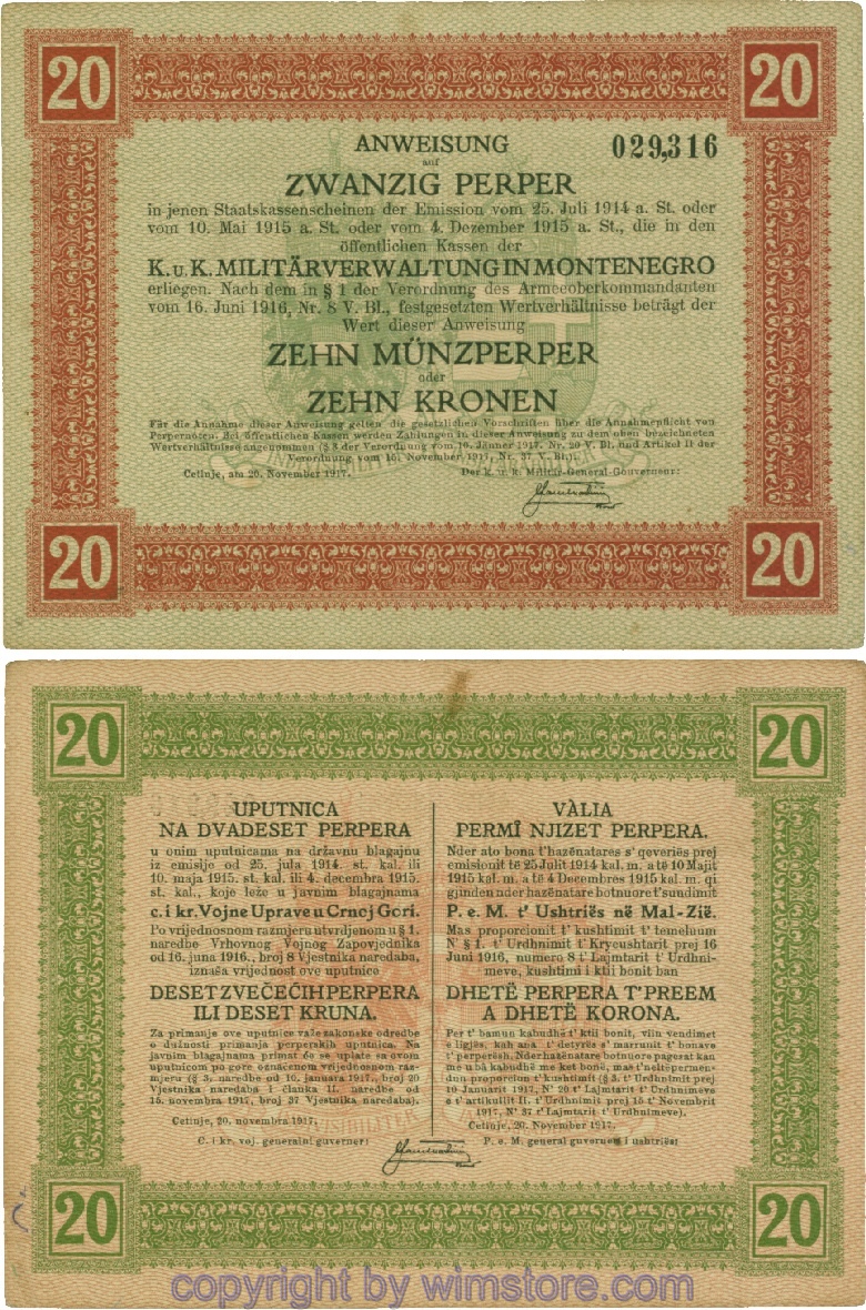 Montenegro K&K, Militärverwaltung, PM152, Anweisung 20 Perper 20.11.1917; 3