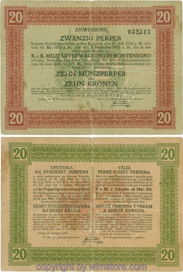 Montenegro K&K, Militärverwaltung, PM152, Anweisung 20 Perper 20.11.1917; 4