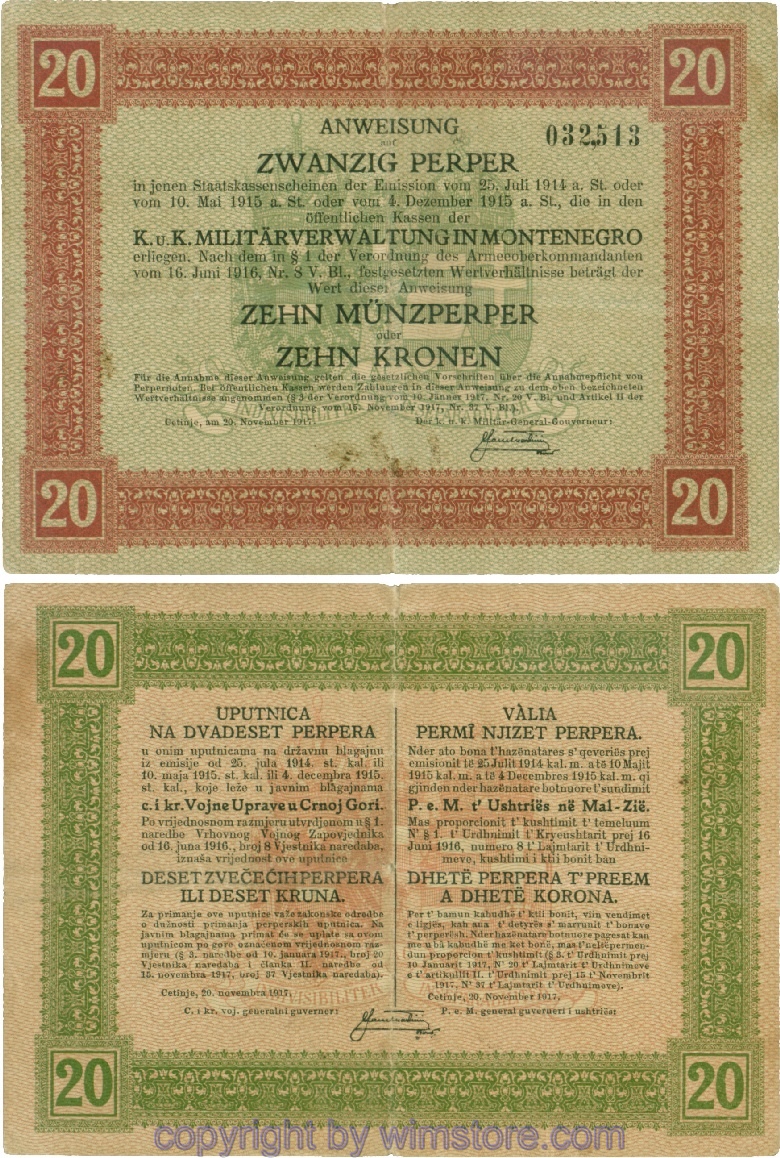 Montenegro K&K, Militärverwaltung, PM152, Anweisung 20 Perper 20.11.1917; 4