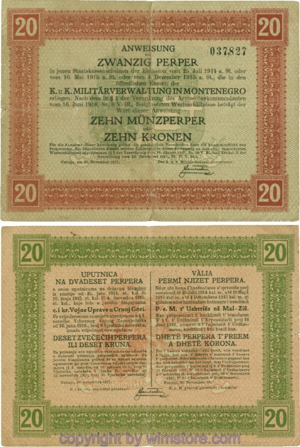 Montenegro K&K, Militärverwaltung, PM152, Anweisung 20 Perper 20.11.1917; 4