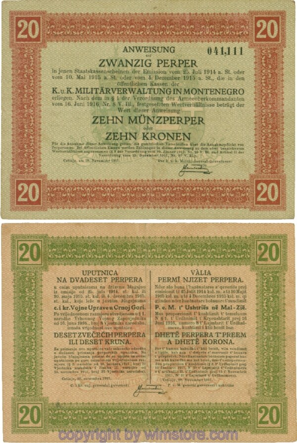 Montenegro K&K, Militärverwaltung, PM152, Anweisung 20 Perper 20.11.1917; 4