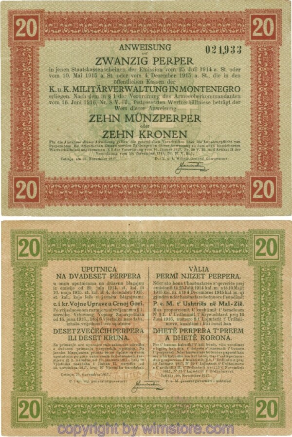 Montenegro K&K, Militärverwaltung, PM152, Anweisung 20 Perper 20.11.1917; 4