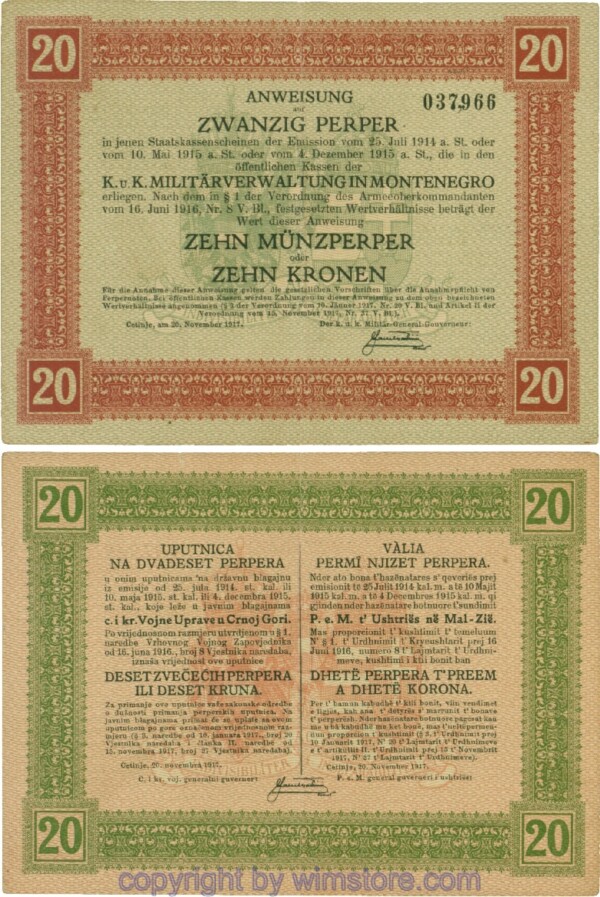 Montenegro K&K, Militärverwaltung, PM152, Anweisung 20 Perper 20.11.1917; 4