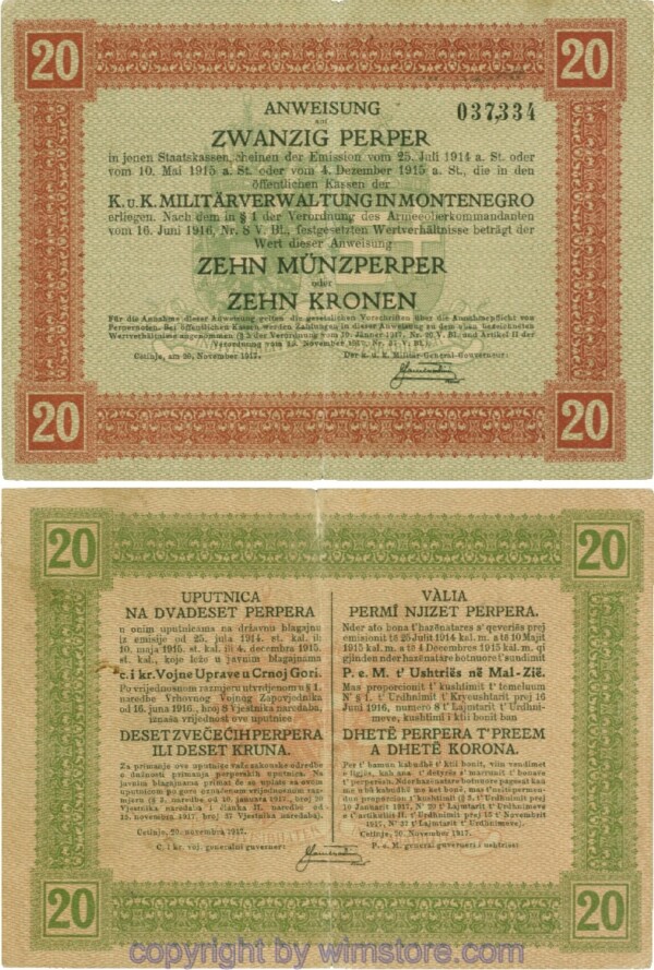 Montenegro K&K, Militärverwaltung, PM152, Anweisung 20 Perper 20.11.1917; 4