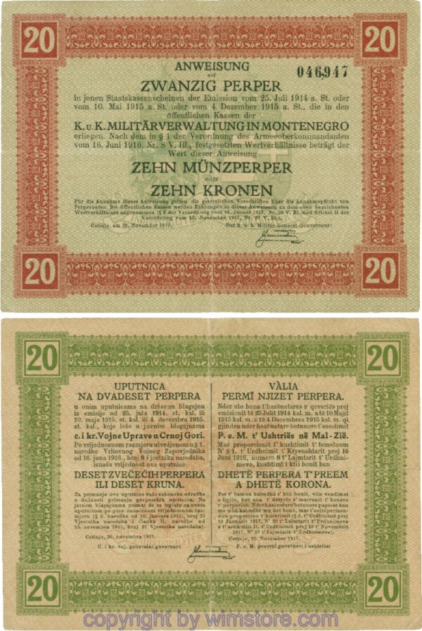 Montenegro K&K, Militärverwaltung, PM152, Anweisung 20 Perper 20.11.1917; 4