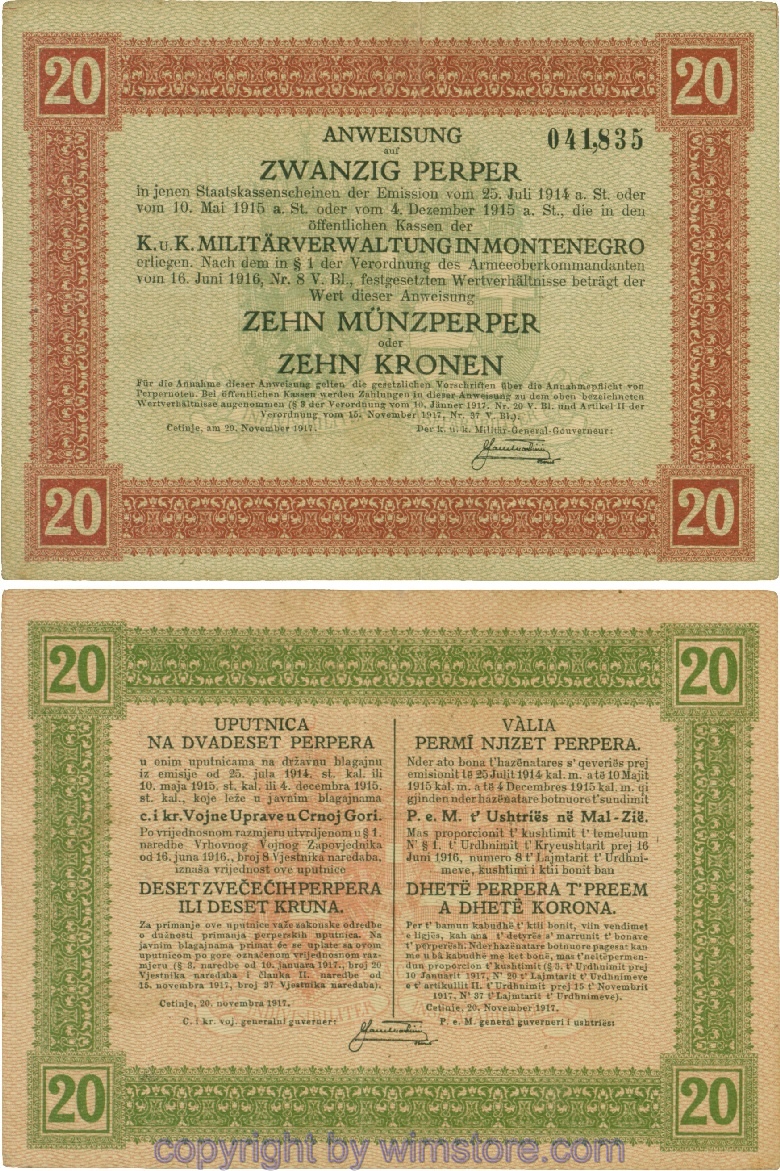 Montenegro K&K, Militärverwaltung, PM152, Anweisung 20 Perper 20.11.1917; 4