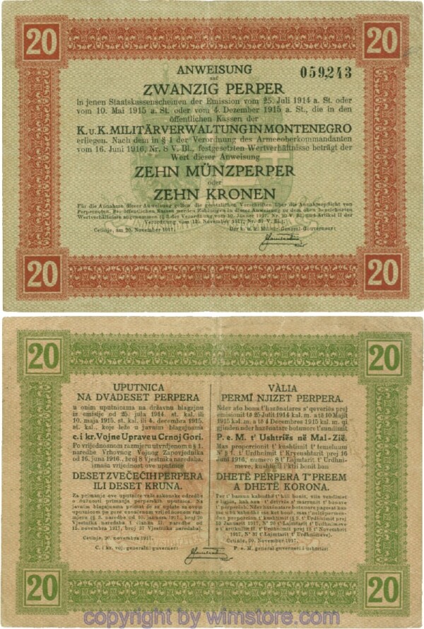 Montenegro K&K, Militärverwaltung, PM152, Anweisung 20 Perper 20.11.1917; 4