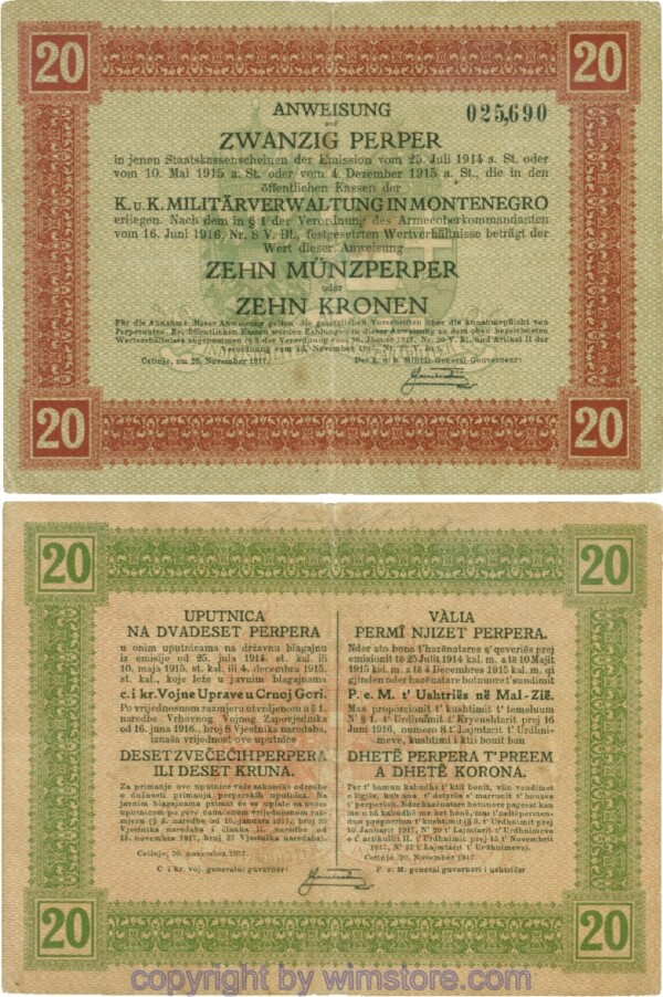 Montenegro K&K, Militärverwaltung, PM152, Anweisung 20 Perper 20.11.1917; 4