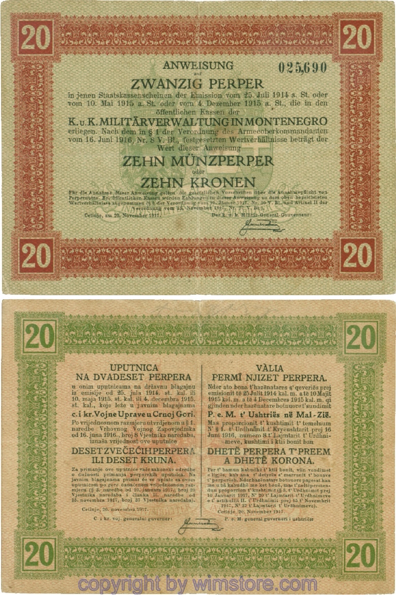 Montenegro K&K, Militärverwaltung, PM152, Anweisung 20 Perper 20.11.1917; 4