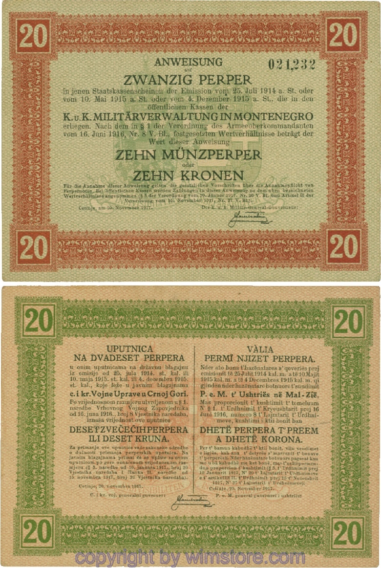 Montenegro K&K, Militärverwaltung, PM152, Anweisung 20 Perper 20.11.1917; 4