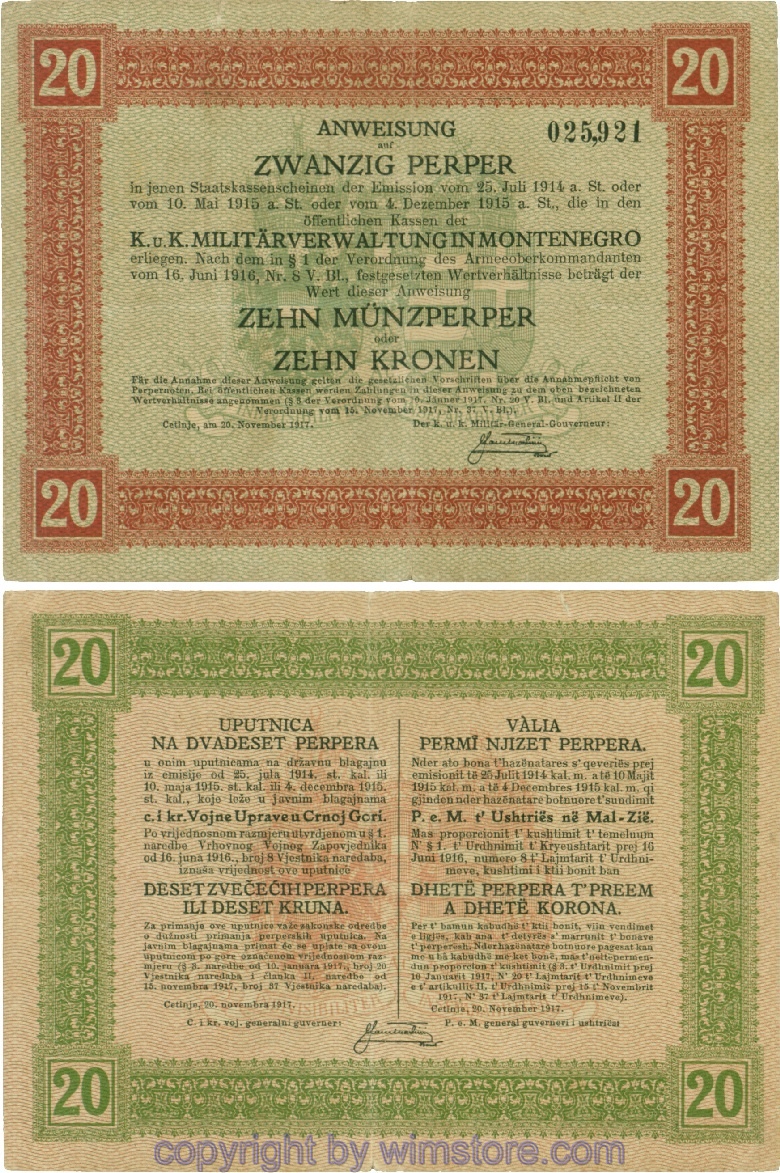 Montenegro K&K, Militärverwaltung, PM152, Anweisung 20 Perper 20.11.1917; 4