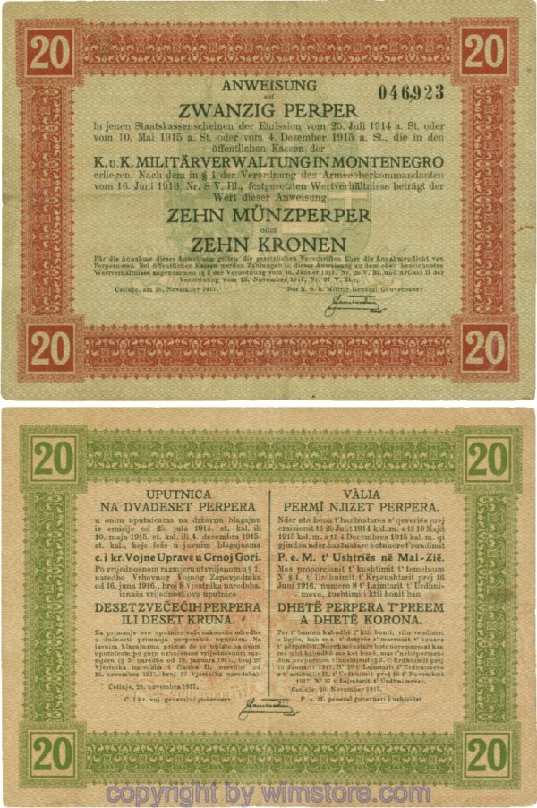 Montenegro K&K, Militärverwaltung, PM152, Anweisung 20 Perper 20.11.1917; 4