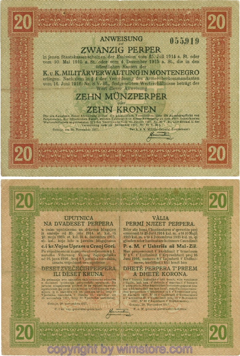 Montenegro K&K, Militärverwaltung, PM152, Anweisung 20 Perper 20.11.1917; 4