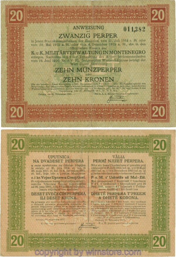 Montenegro K&K, Militärverwaltung, PM152, Anweisung 20 Perper 20.11.1917; 4