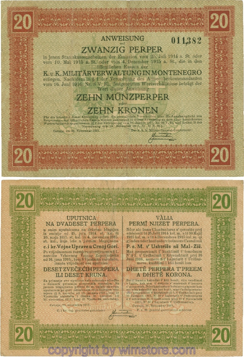 Montenegro K&K, Militärverwaltung, PM152, Anweisung 20 Perper 20.11.1917; 4