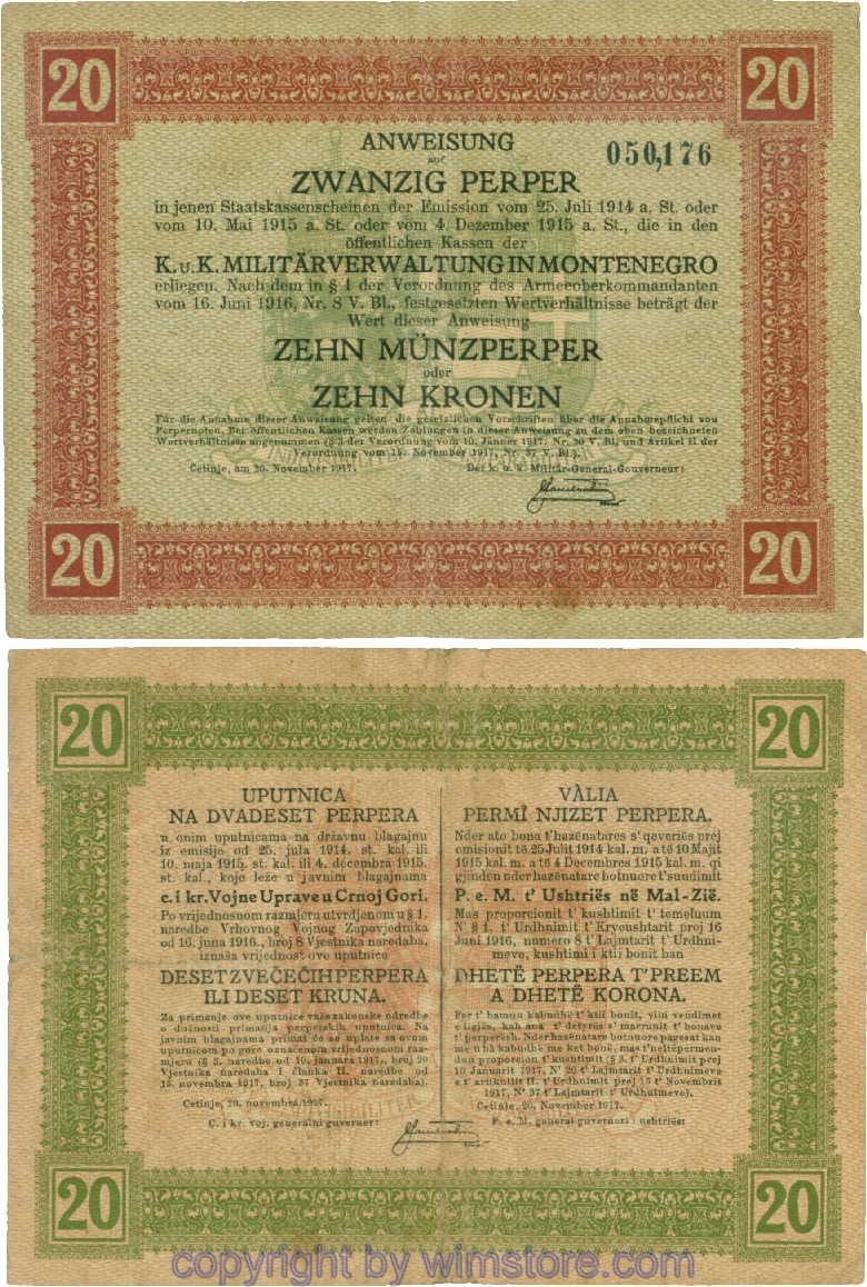 Montenegro K&K, Militärverwaltung, PM152, Anweisung 20 Perper 20.11.1917; 4