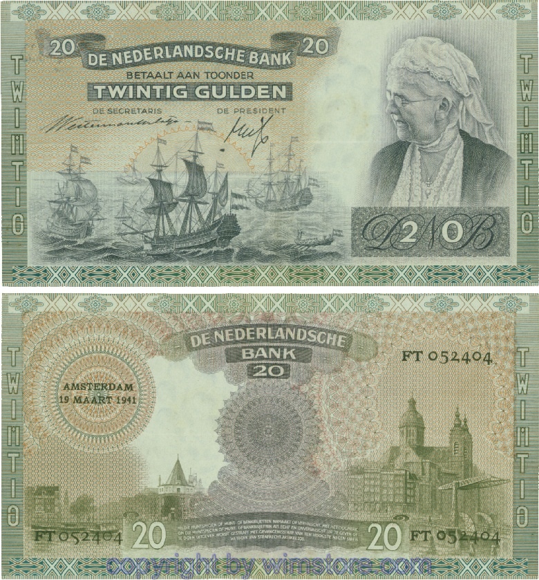 Niederlande, P054, 20 Gulden 1941-03-16, Serie FT; 3