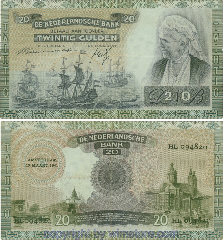 Niederlande, P054, 20 Gulden 1941-03-19, Serie HL; 4