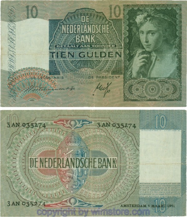 Niederlande, P056a, 10 Gulden 1941-03-04, Serie 3AN; 4