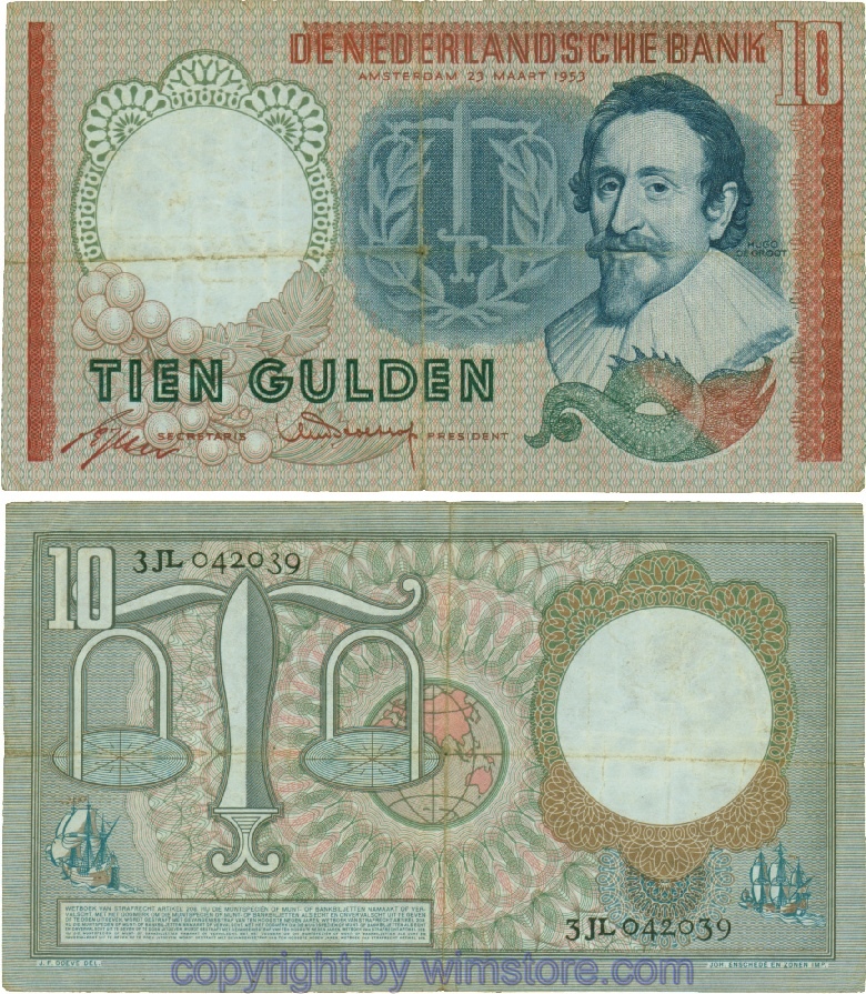 Niederlande, P085, 10 Gulden 1953-03-23, Serie 3JL; gering