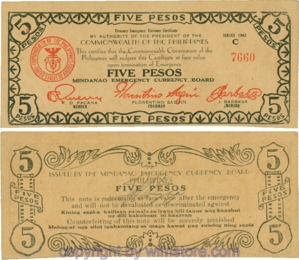 Philippinen Guerilla- und Notausgaben, Mindanao, PS0487c, 5 Pesos 1943, Serie C, Signatur L.J.Oteyza; 4