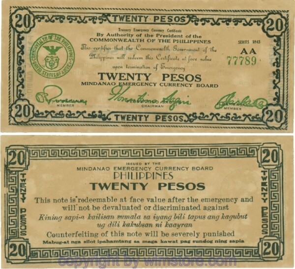 Philippinen Guerilla- und Notausgaben, Mindanao, PS0499, 20 Pesos 1943, Serie AA; 3