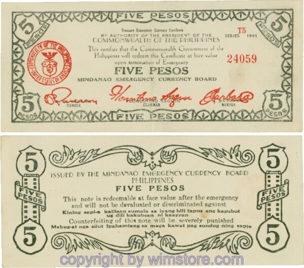 Philippinen Guerilla- und Notausgaben, Mindanao, PS0526c, 5 Pesos 1944, Serie T5; 3