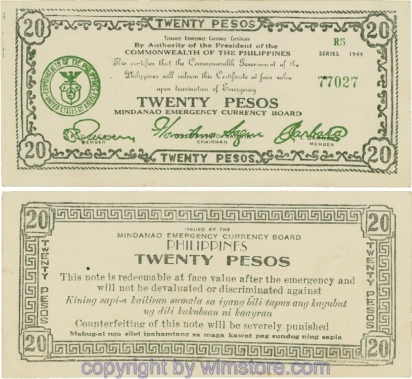 Philippinen Guerilla- und Notausgaben, Mindanao, PS0528c, 20 Pesos 1944, Serie RA5; 3