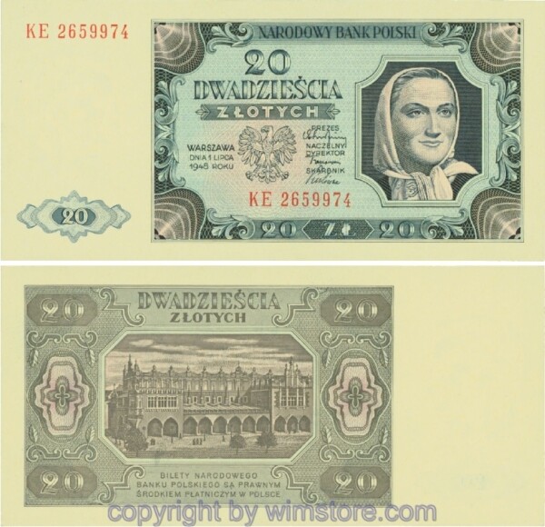 Polen, P137.2, 20 Zlotych 1.7.1948, Serie KE, Doppelpräfix; 1
