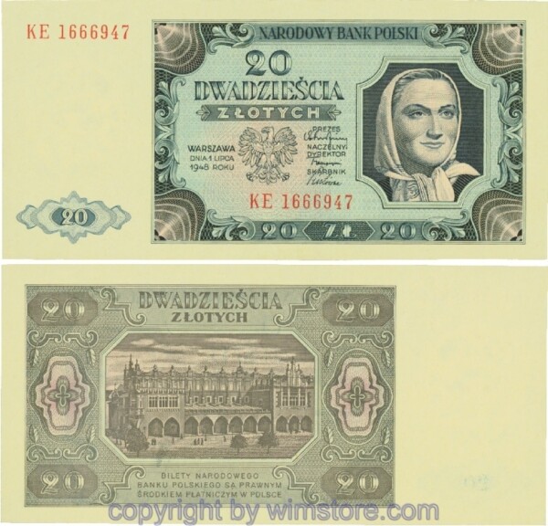 Polen, P137.2, 20 Zlotych 1.7.1948, Serie KE, Doppelpräfix; 1-