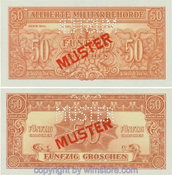 Alliierte Militärbehörde, P 102b, 50 Groschen 1944, Muster, Wz. Wellen; 1-