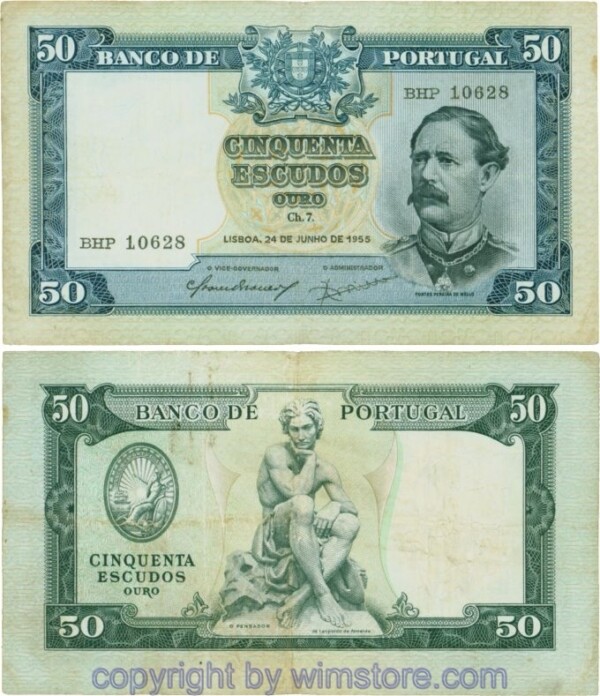 Portugal, P160, 50 Escudos 24.6.1955, Serie Ch.7 - BHP, Signatur: Carlos de Barros Soares Branco & João Emílio Raposo de Magalhães; 4