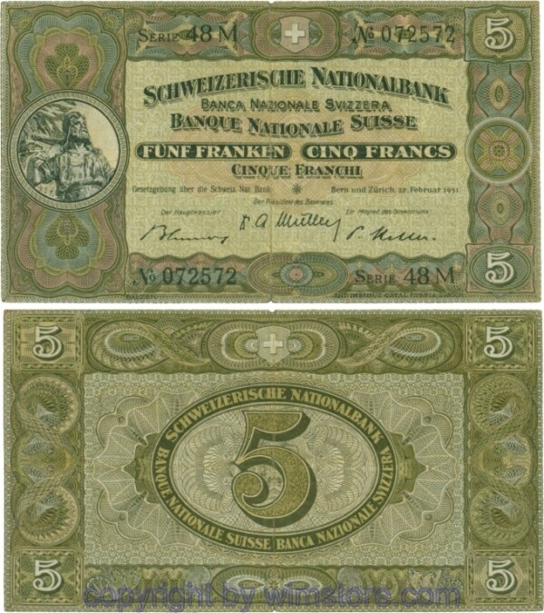 Schweiz, P 11o, 5 Franken 1951, Serie 48M, Signatur 33; 4